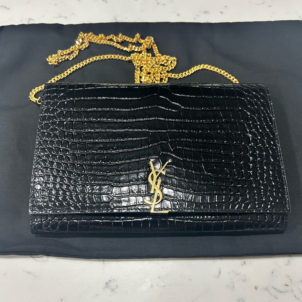 Saint Laurent Croc Embossed Wallet on Chain